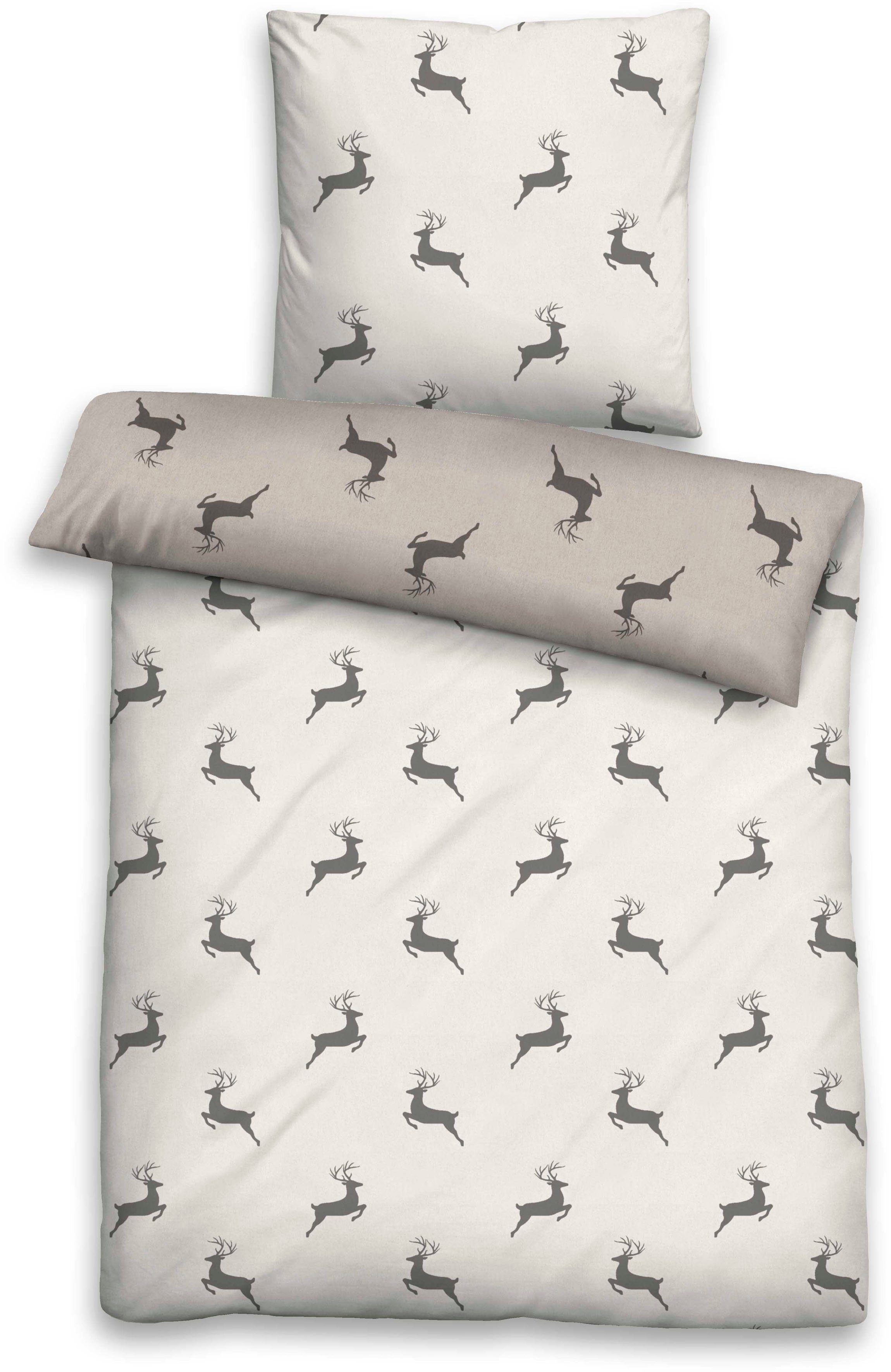 Wendebettwäsche Cardo in Gr. 135x200 oder 155x220 cm, Biberna, Flanell, 2 teilig, Flanell kuschelig warm im Winter, Bettwäsche mit Hirschen, Weihnachten