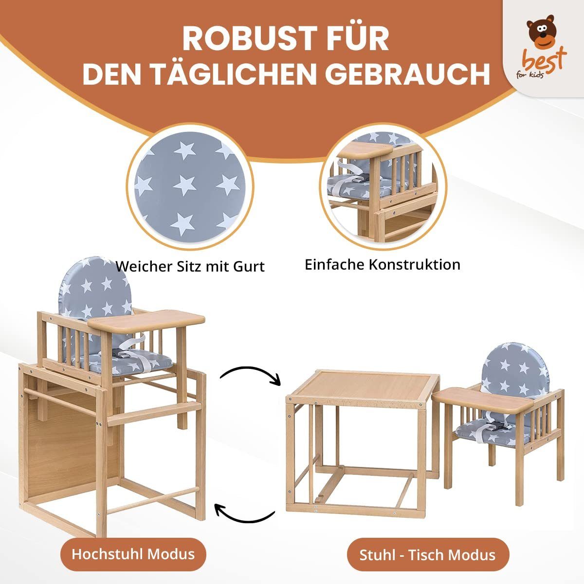 Best for Kids Kombihochstuhl Victoria, leicht umbaubar zur Stuhl-Tisch-Kombination