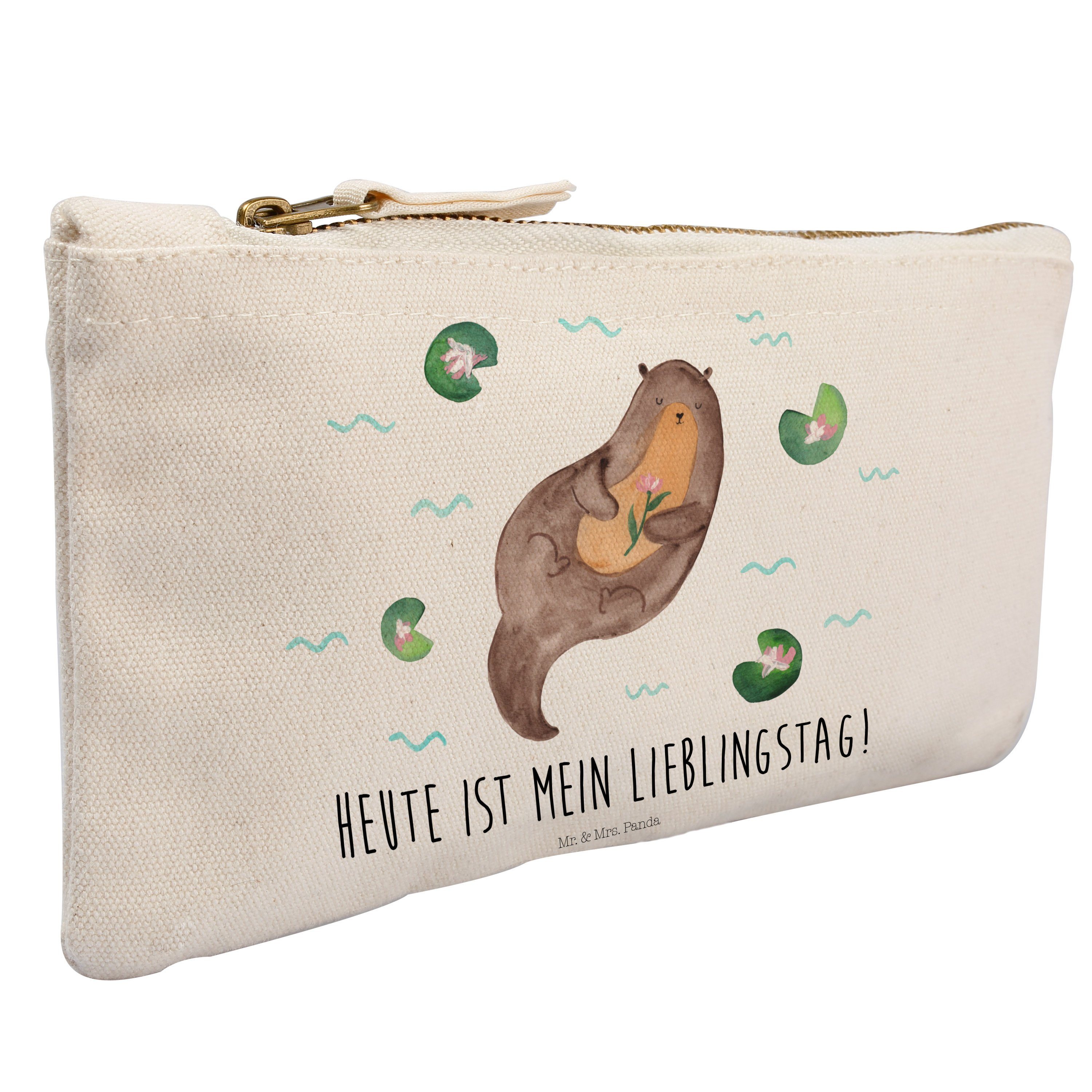 Mr. & Mrs. Panda Kosmetiktasche Otter mit Seerose - Weiß - Kosmetikbeutel, Stiftemäppchen, Kosmetiktasche, Schminktasche klein, Damen (1-tlg)