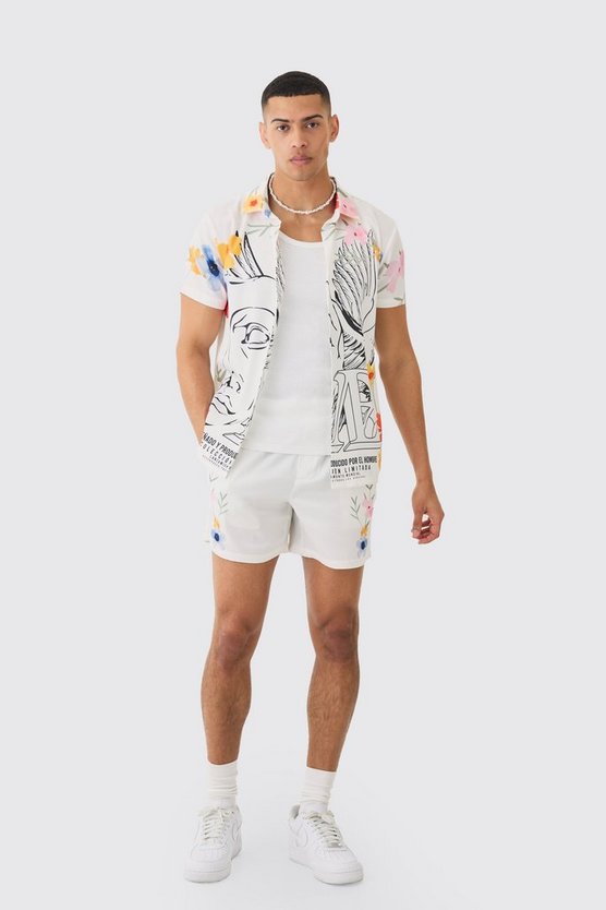 Kurzärmliges florales Satin-Hemd & Shorts