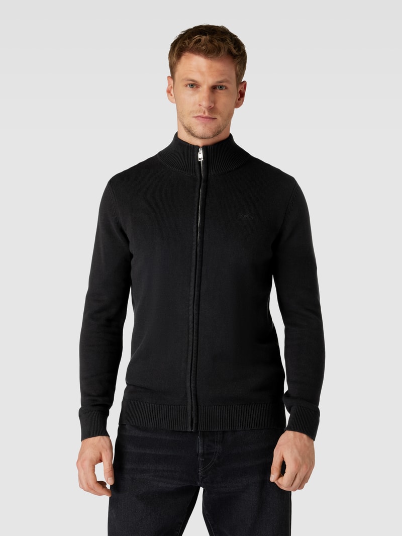 Strickjacke mit Label-Stitching Modell 'STAND JACKET' in schwarz