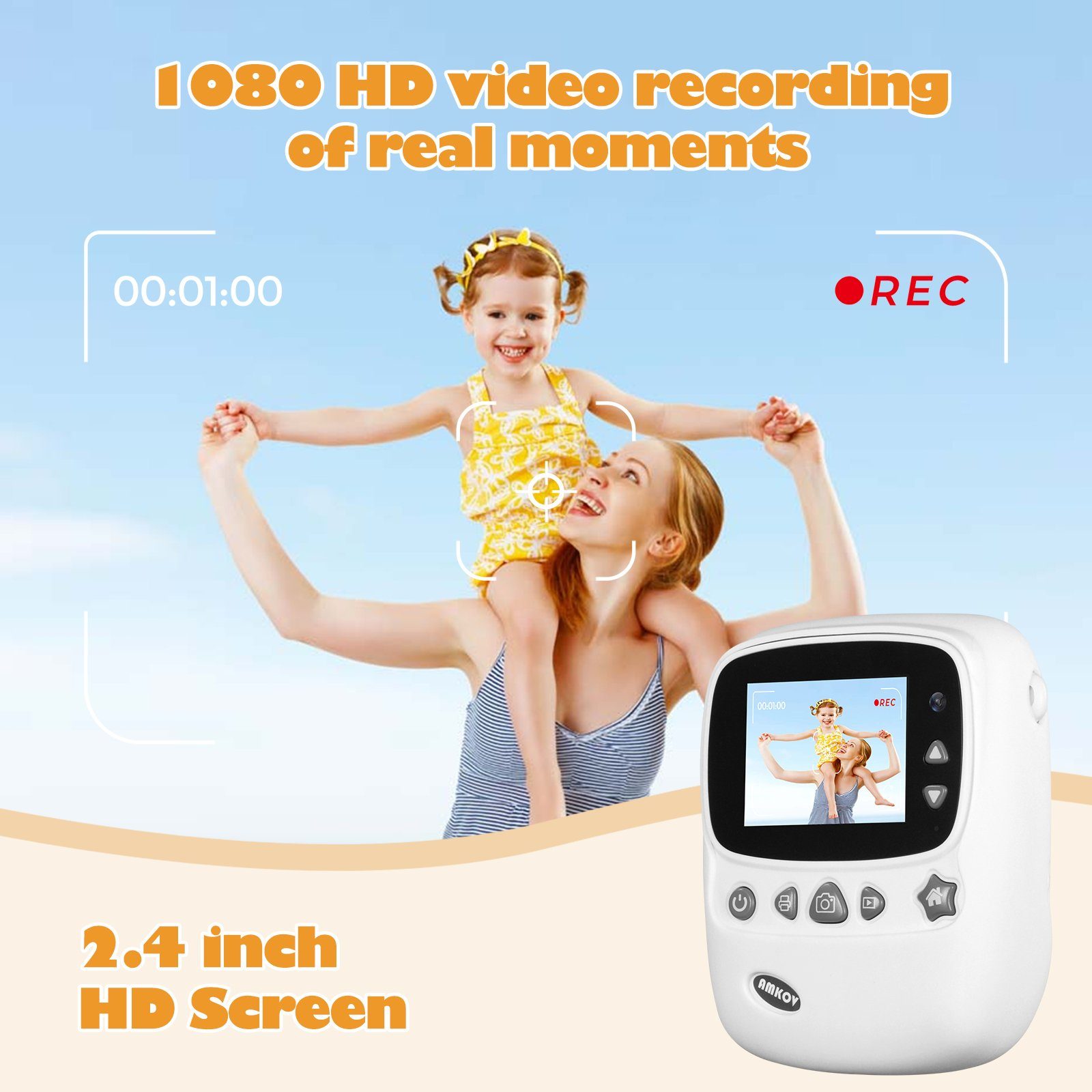 Fine Life Pro CD-P01B Kinderkamera (30 MP, 16x opt. Zoom, WLAN (Wi-Fi), inkl. 6 farbigen Pinselstiften + 2 Rollen Druckpapier + Aufkleber, Videoaufnahmen mit Ton in Full HD, automatische Abschaltung, automatische Blitzzuschaltung)