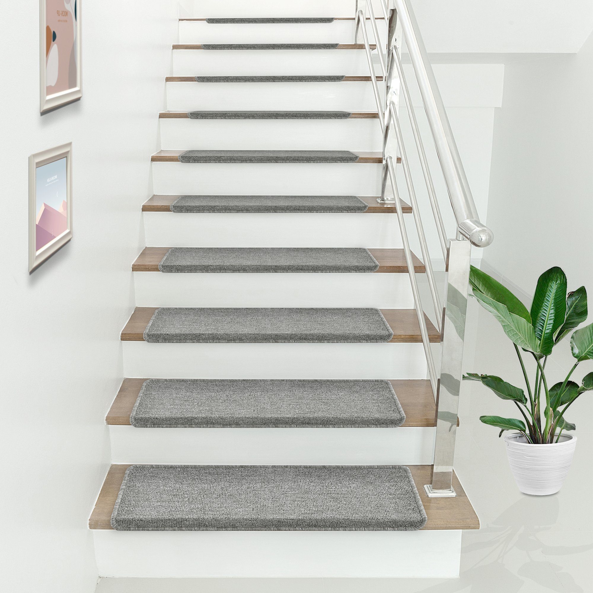 Stufenmatte, en.casa, rechteckig, 15er Set Treppenmatten rechteckig 65x24cm selbstklebend Hellgrau