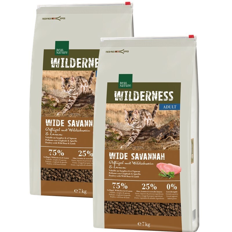 REAL NATURE Trockenfutter REAL NATURE WILDERNESS Adult Wide Savannah Geflügel mit Wildschwein und Lamm 2x7 kg