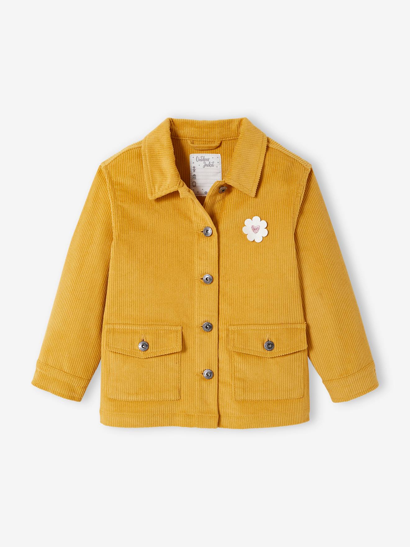 Veste style worker en velours fille badge fleur irisé jaune d'or