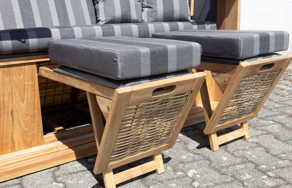 Trendyshop365 Strandkorb extra breit, BxTxH: 140,00x80,00x160,00 cm, Halblieger, Ostsee-Modell, (XL 2-Sitzer), Teakholz, komplett fertig montiert, mit 4 Rollen