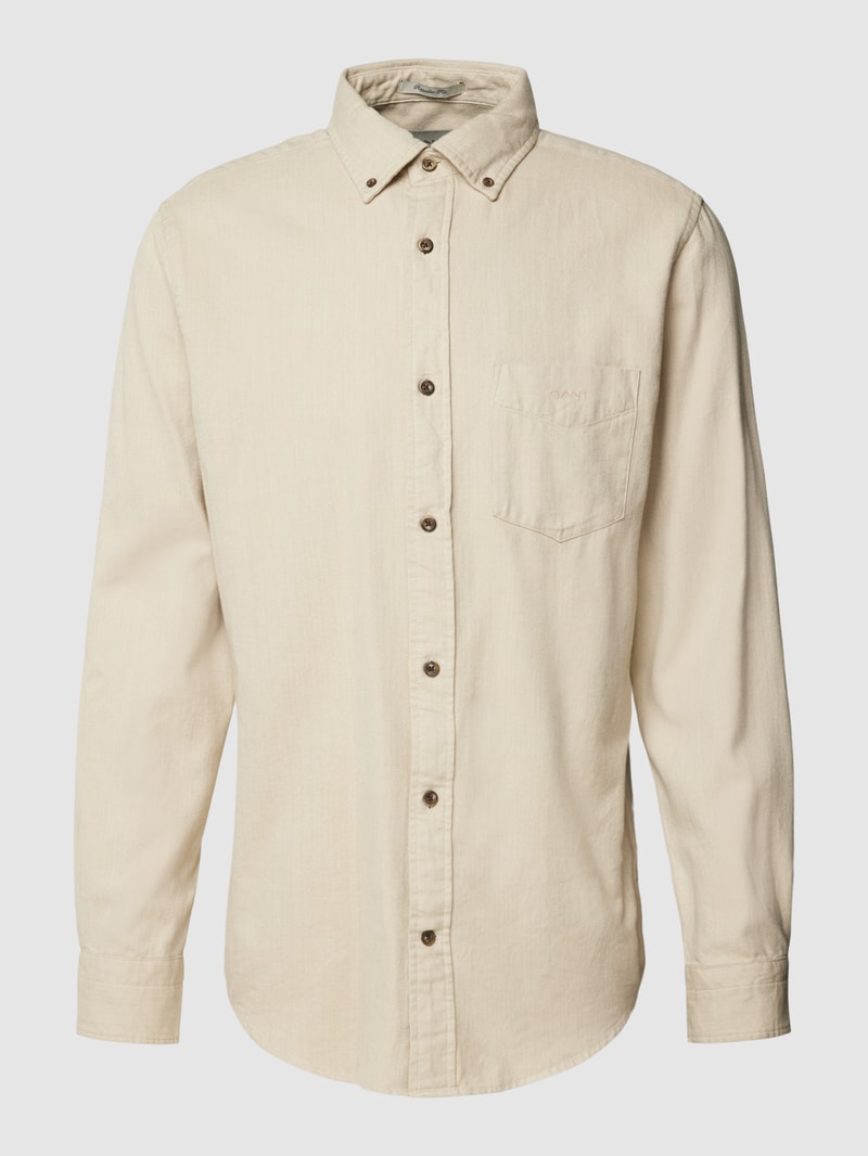 Regular Fit Freizeithemd mit Label-Stitching Modell 'HERRINGBONE' in stein