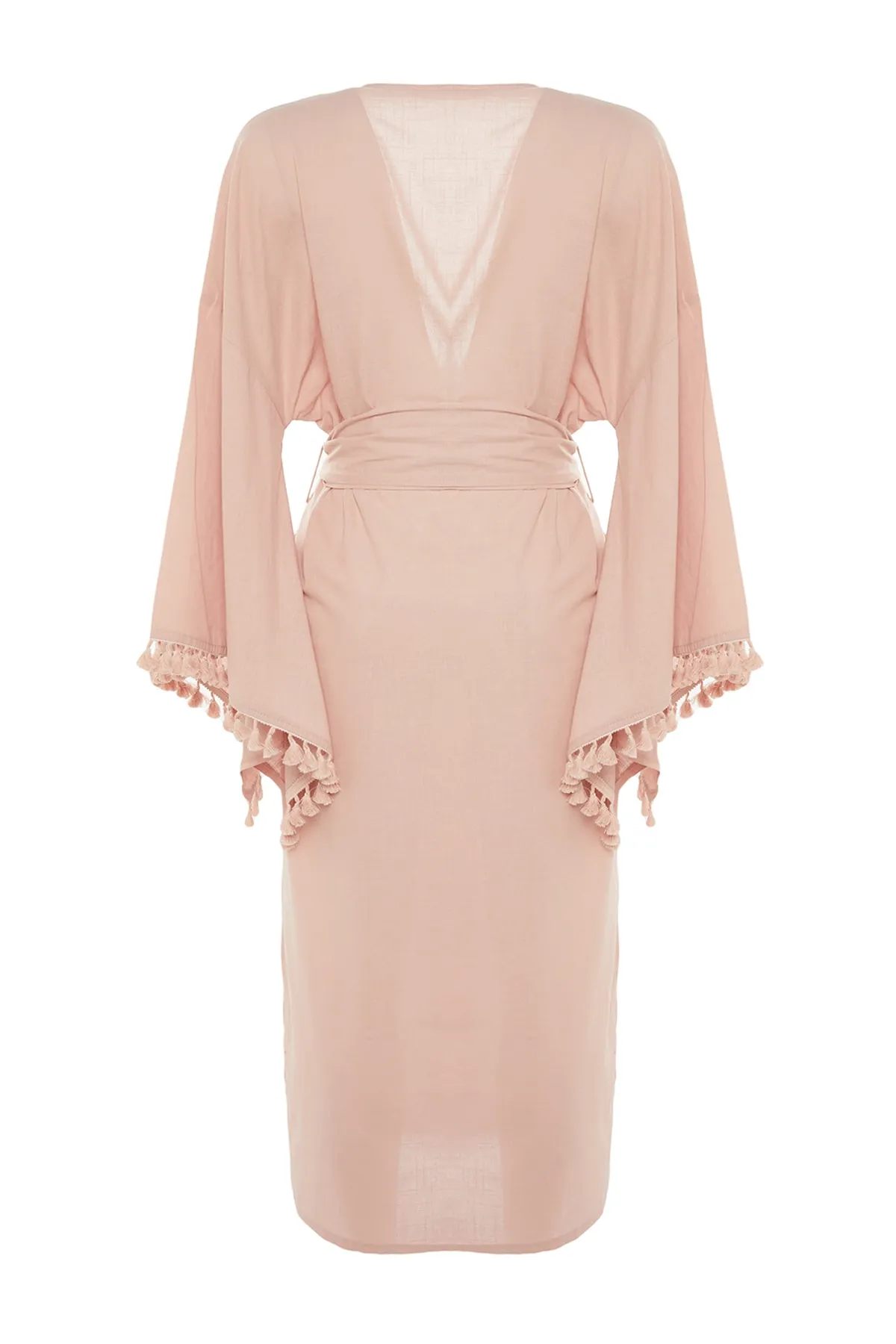 Trendyol Collection  Puderfarbener Maxi-Kimono und Kaftan aus 100 % Baumwolle mit gewebten Quasten und Gürtel TBESS23KM00016