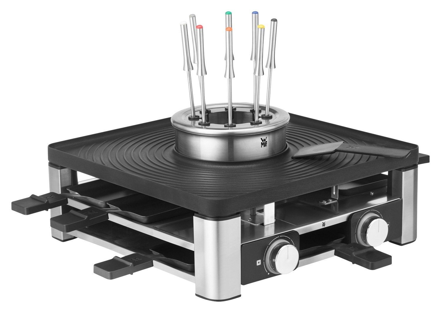 WMF Raclette LUMERO, 3-in-1 Gourmet Station, 35 x 35 cm, 8 Raclettepfännchen, 1800,00 W, für bis zu 8 Personen, Tischrill, Raclette und Fondue in einem