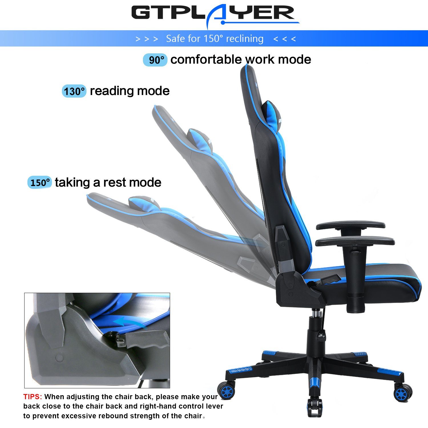 GTPLAYER Gaming-Stuhl Bürostuhl Gaming Stuhl Gaming Sessel ergonomischer Gamer Stuhl, bis 150 kg belastbar, Neigungswinkel 90°-165°
