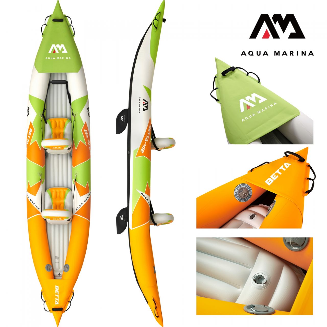 PureHaven Aqua Marina Kajak 412x83 cm für 2 Personen mit Luftsitz verstellbarer Lehne Transporttasche Reparaturset Handpumpe strapazierfähig Grün/Weiß/Orange