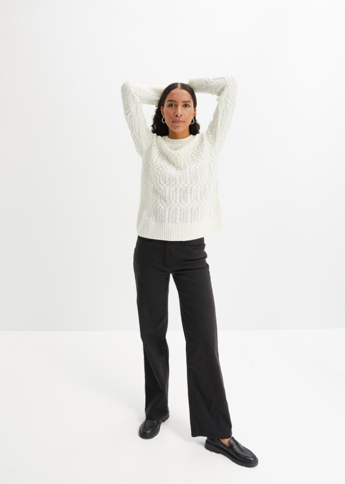 Rundhals-Pullover mit Zopfmuster