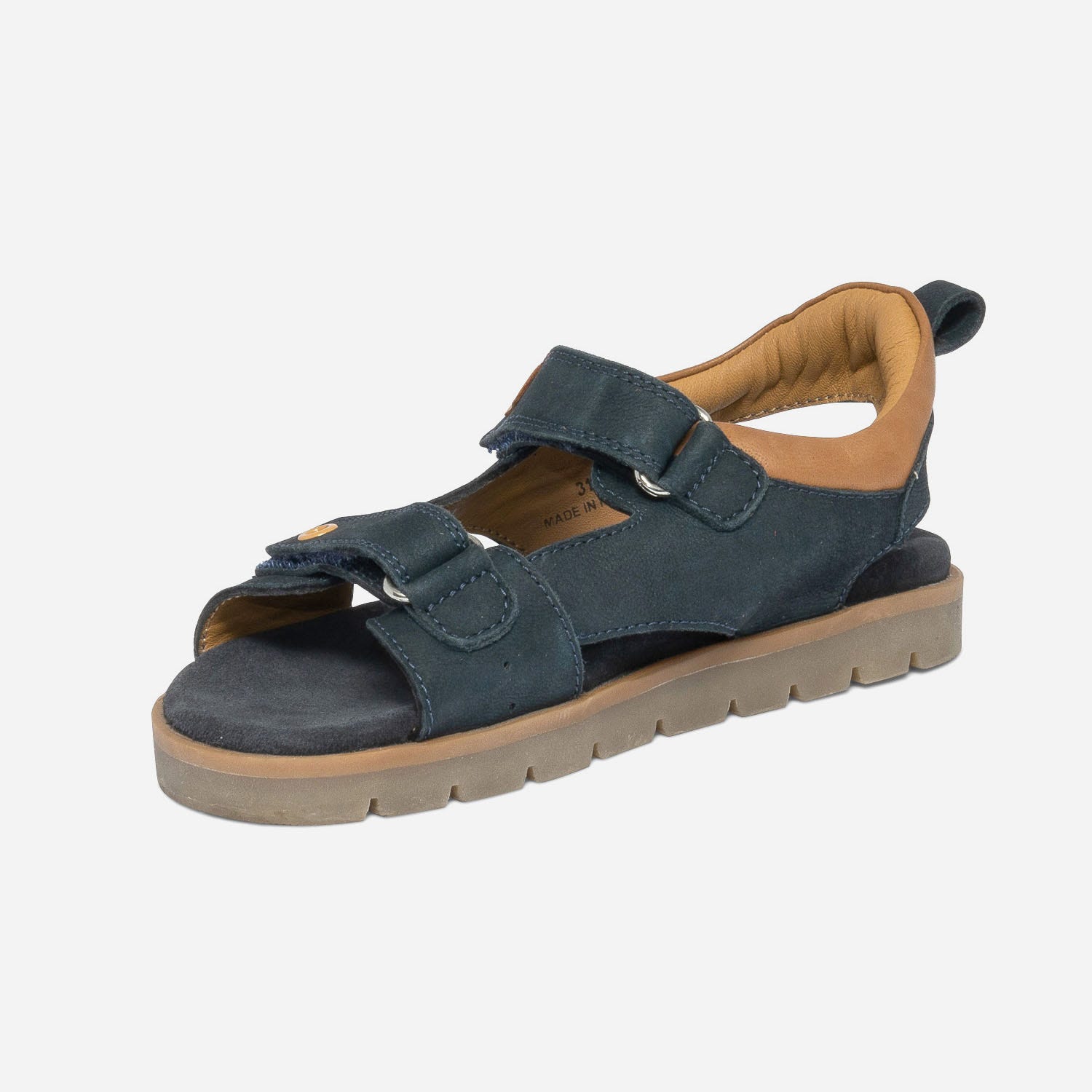 Sandale bleu marine et marron en cuir à scratchs