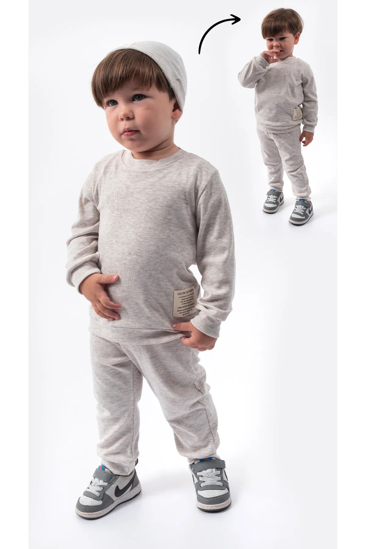 Bubito  Unisex-Mütze mit Wappendetail, schnurgebundenes 3-teiliges Unter- und Oberteil-Anzugset – Grau