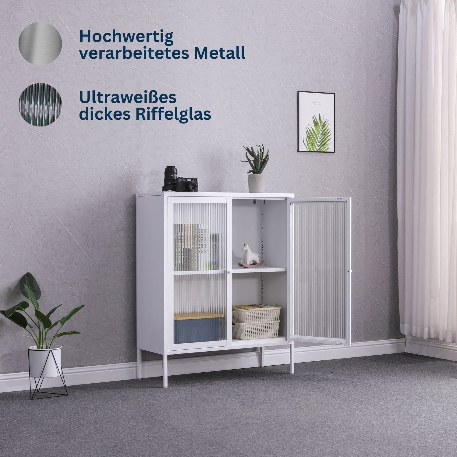 Coemo Highboard, Tokio Weiß Metall, 2 Glastüren, Einlegeboden - langlebig & elegant