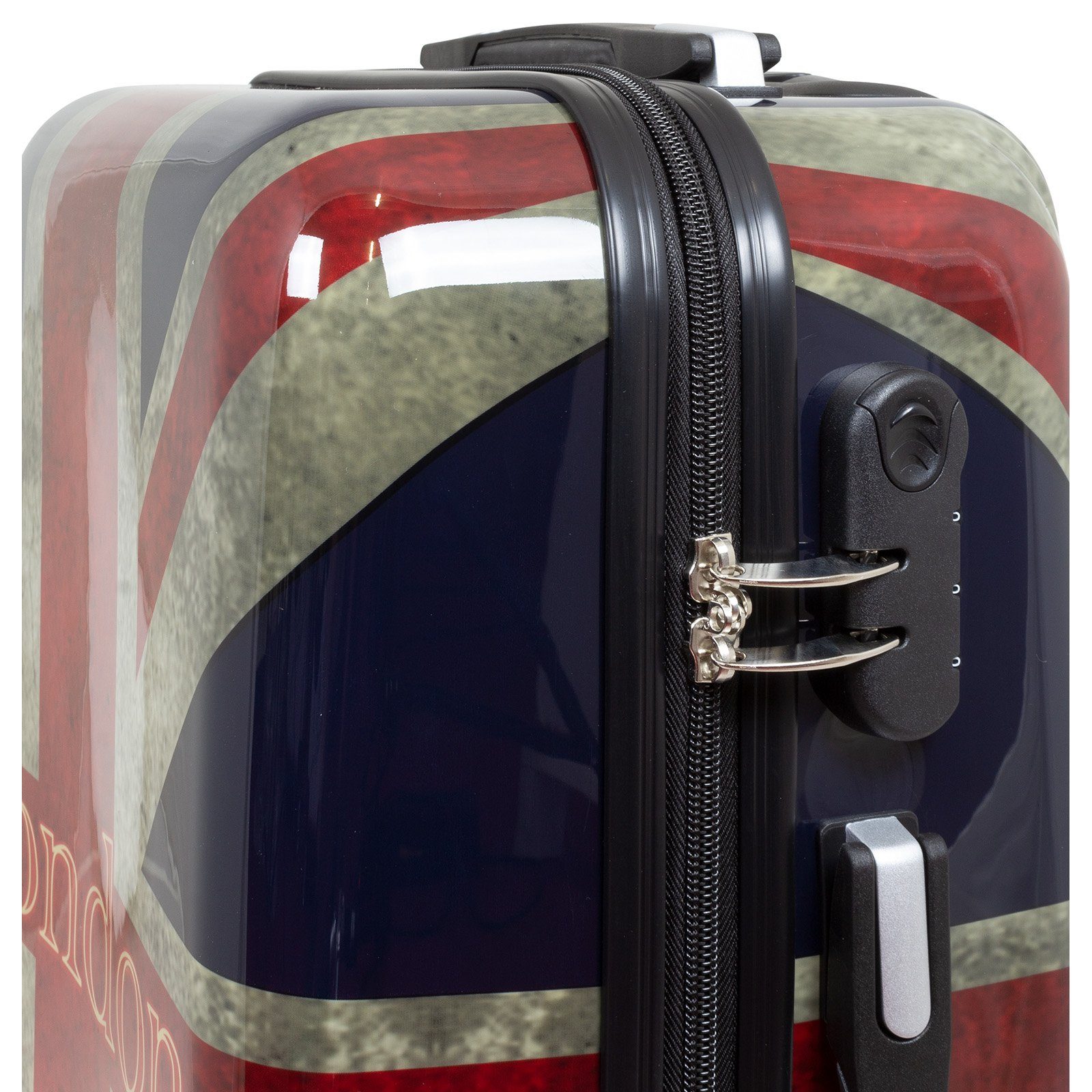 Trendyshop365 Hartschalen-Trolley Union Jack, bunter Koffer mit London-Motiv, 3 Größen, 4 Rollen, Zahlenschloss, Polycarbonat, Dehnfalte