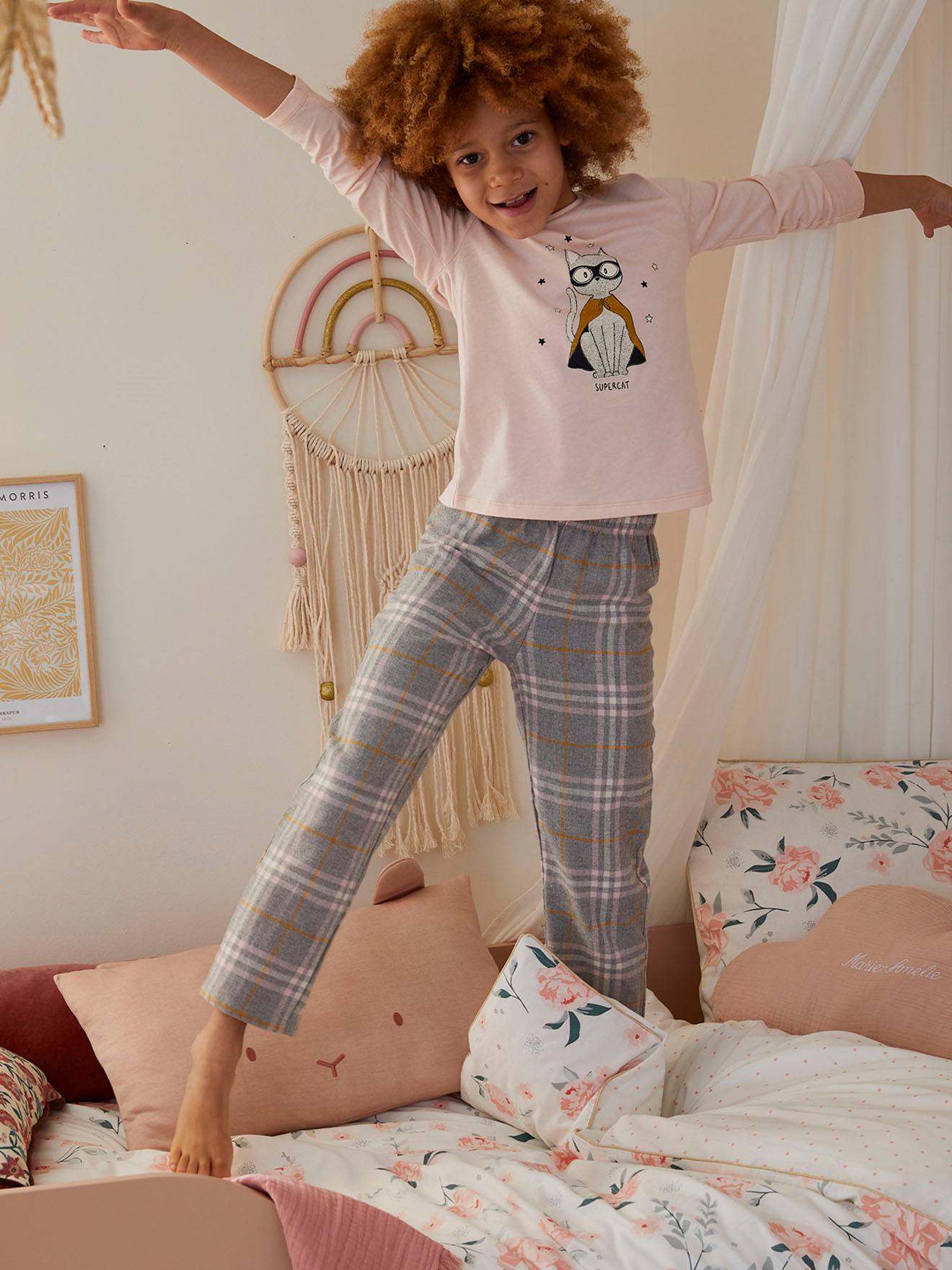 Pyjama en maille jersey et flanelle fille supercat rose pâle