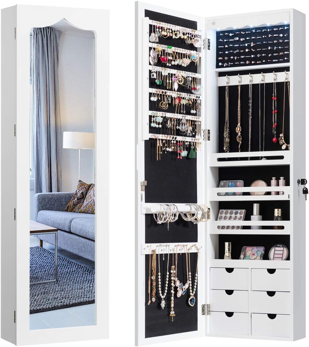 Costway COSTWAY Schmuckschrank mit LED Beleuchtung, 6 Schubladen und Spiegel