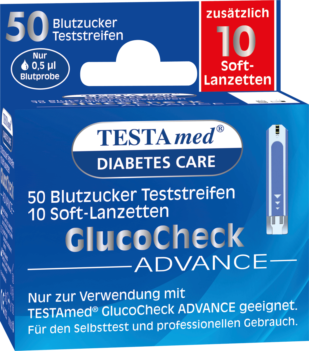 Glucocheck ADVANCE Kombipackung 50 Blutzucker-Teststreifen + 10 Lanzetten, 50 St