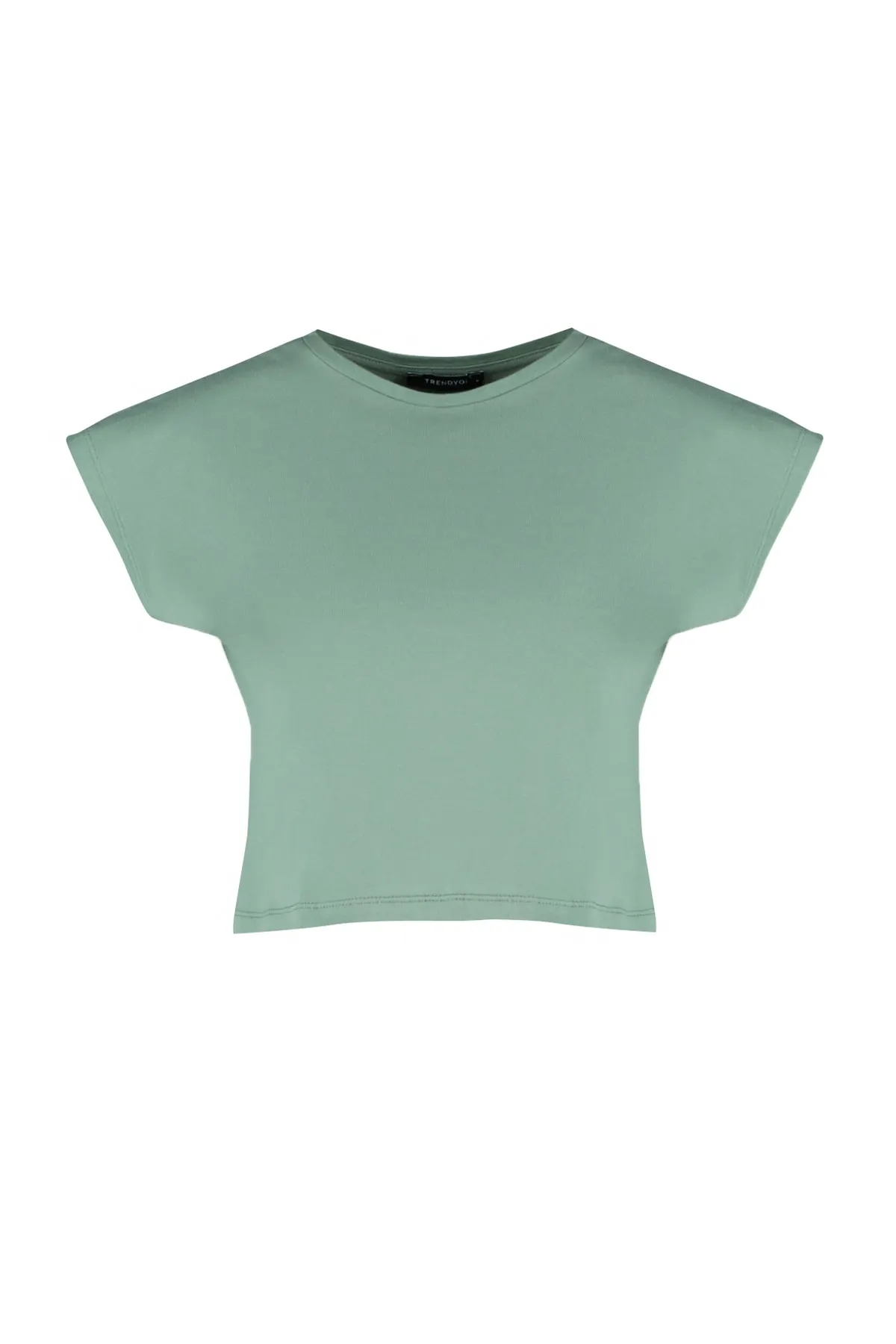 Trendyol Collection  Khakifarbenes Strick-T-Shirt aus 100 % Baumwolle mit niedrigen Ärmeln und weitem, entspanntem Schnitt und Rundhalsausschnitt TWOSS22TS0378