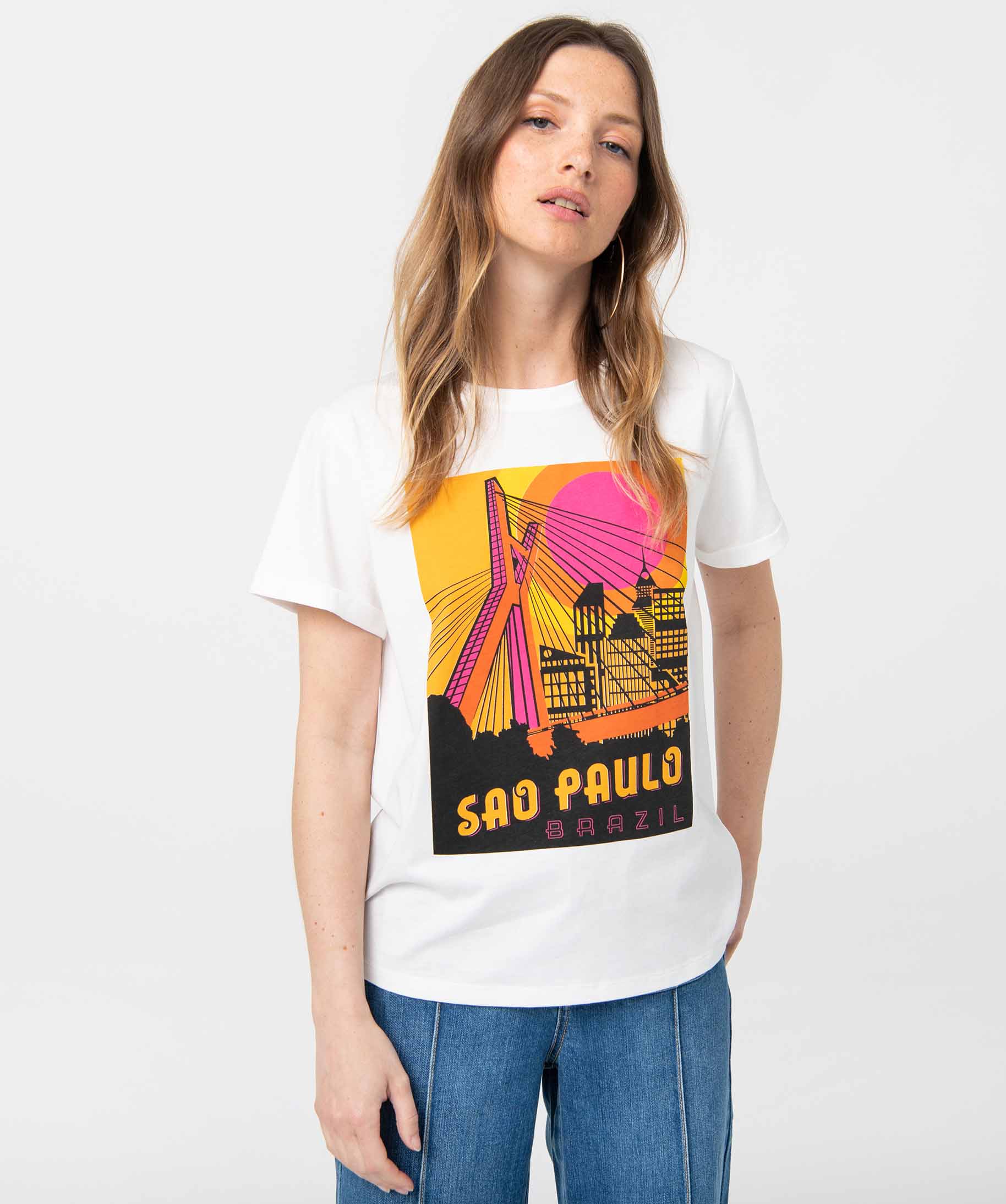 Tee-shirt femme à manches courtes avec motif Sao Paulo blanc | GEMO