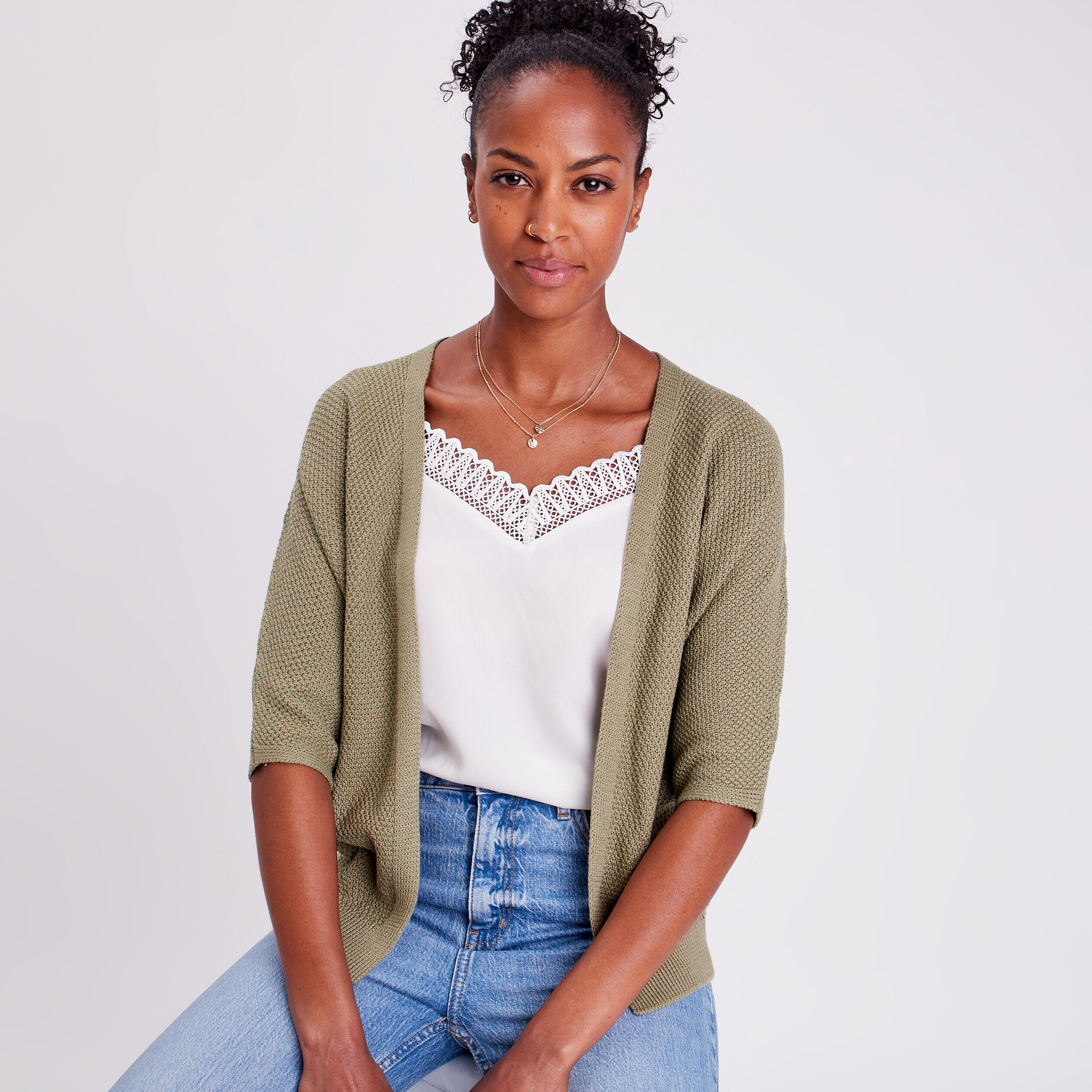 Gilet manches 3/4 vert kaki femme | Cache Cache