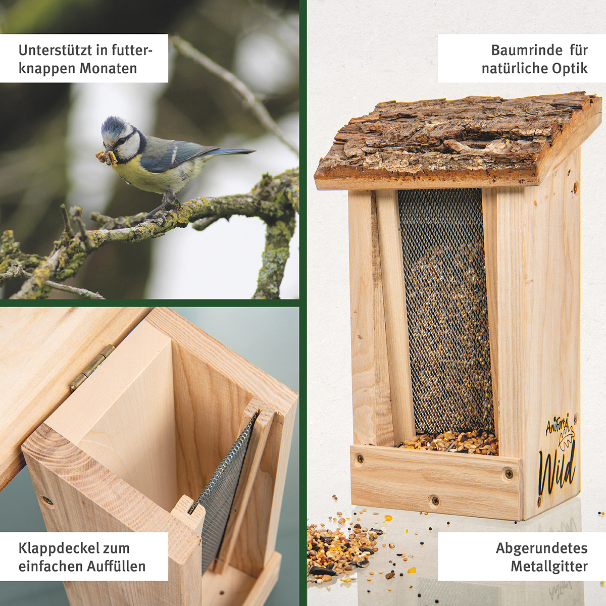Aniforte Vogelhäuser & Nistkästen Aniforte Wild Futterspender für Wildvögel + 200g Futter
