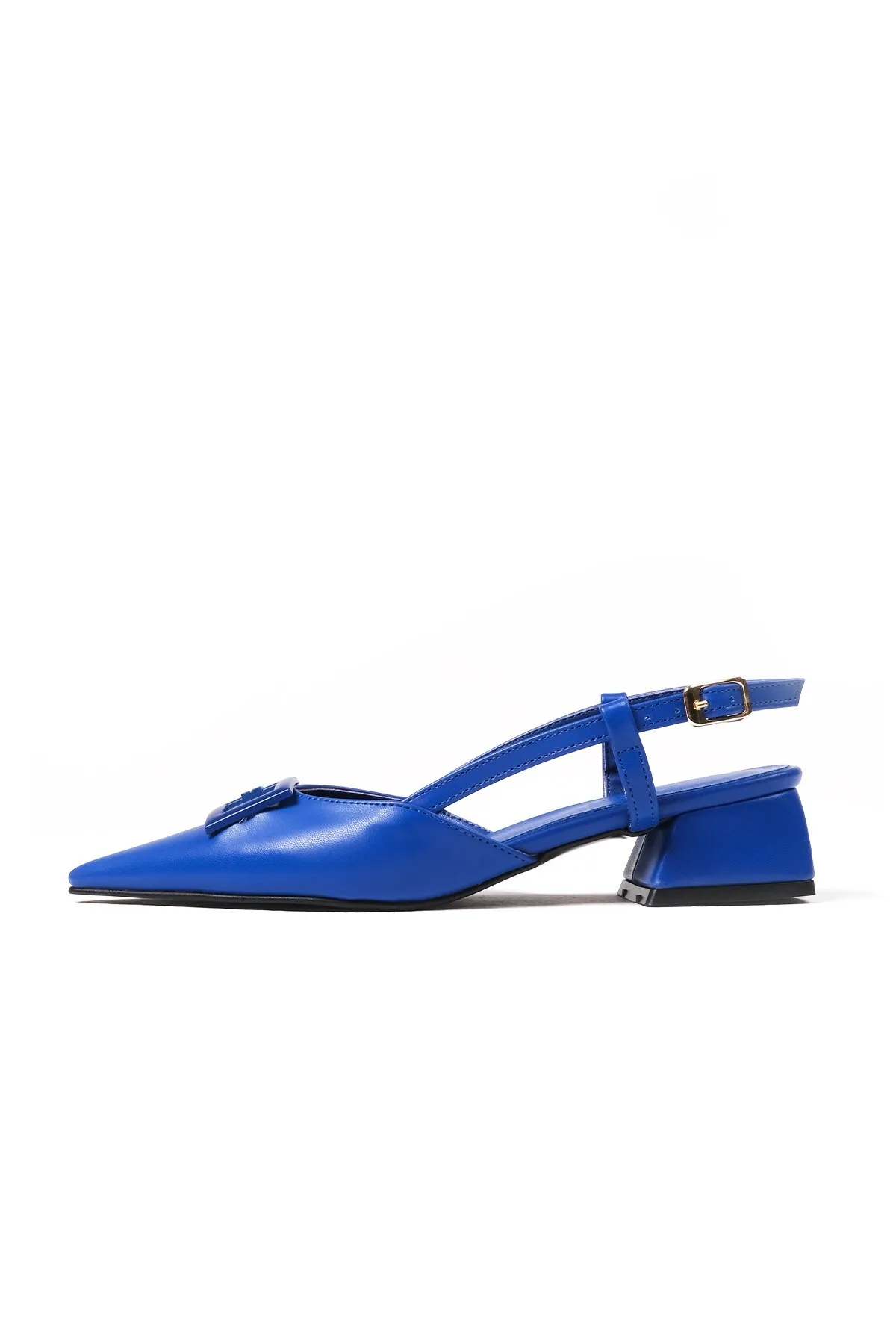 Mio Gusto  Alyssa Saks – Blaue Damenschuhe mit offener Rückseite und seitlicher Schnalle und kurzem Absatz