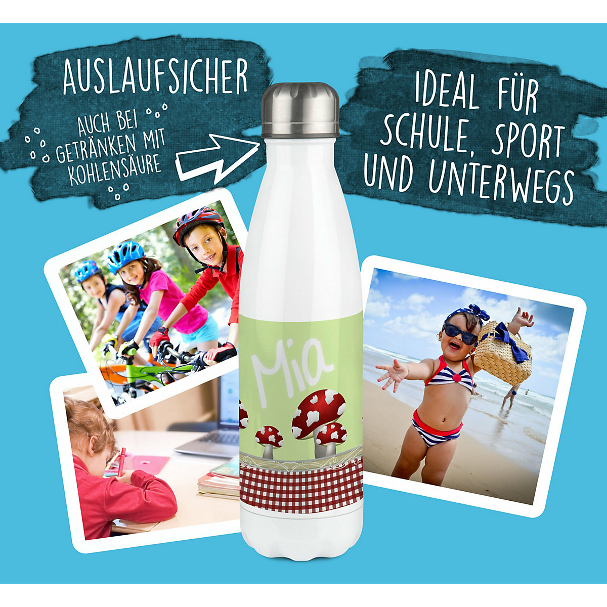 Edelstahl Kinder Thermoflasche / Trinkflasche bunt Pilz Farbe rot Spülmaschinenfest, Auslaufsicher, Bruchfest, Doppelwandig, Für Heißgetränke geeignet, Mit Deckel, Isoliert