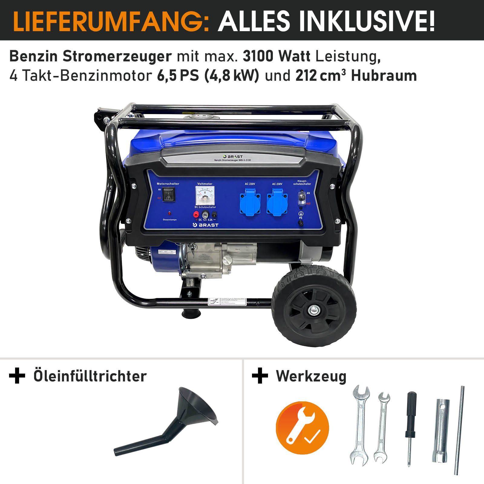 BRAST Stromerzeuger Benzin 4,8kW (6,5PS) mit 212cm³ 3000 Watt 4-Takt-Motor, (Zahlreiche Anschlüsse für flexiblen Einsatz), lange Laufzeiten bis zu 23 Stunden Generator Stromgenerator