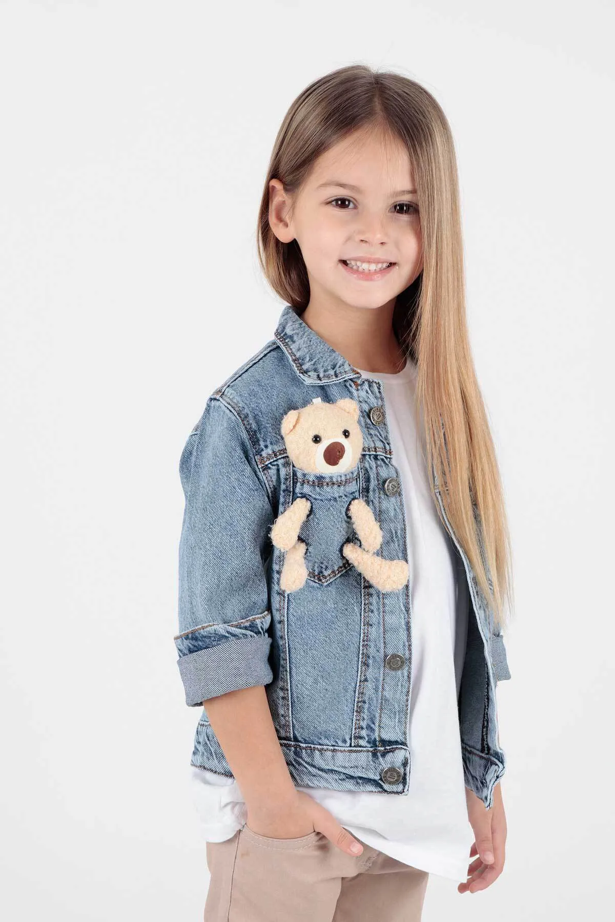 AHENGİM  Mädchen-Jeansjacke aus Baumwolle mit Teddybär-Motiv, lässig, modisch, Ak22176023