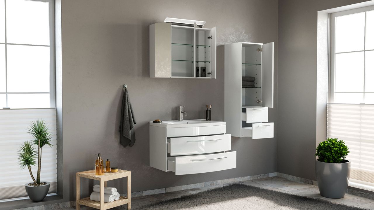 Posseik Badmöbel-Set Luna 80 cm (3-teilig) weiß hochglanz EEK: F