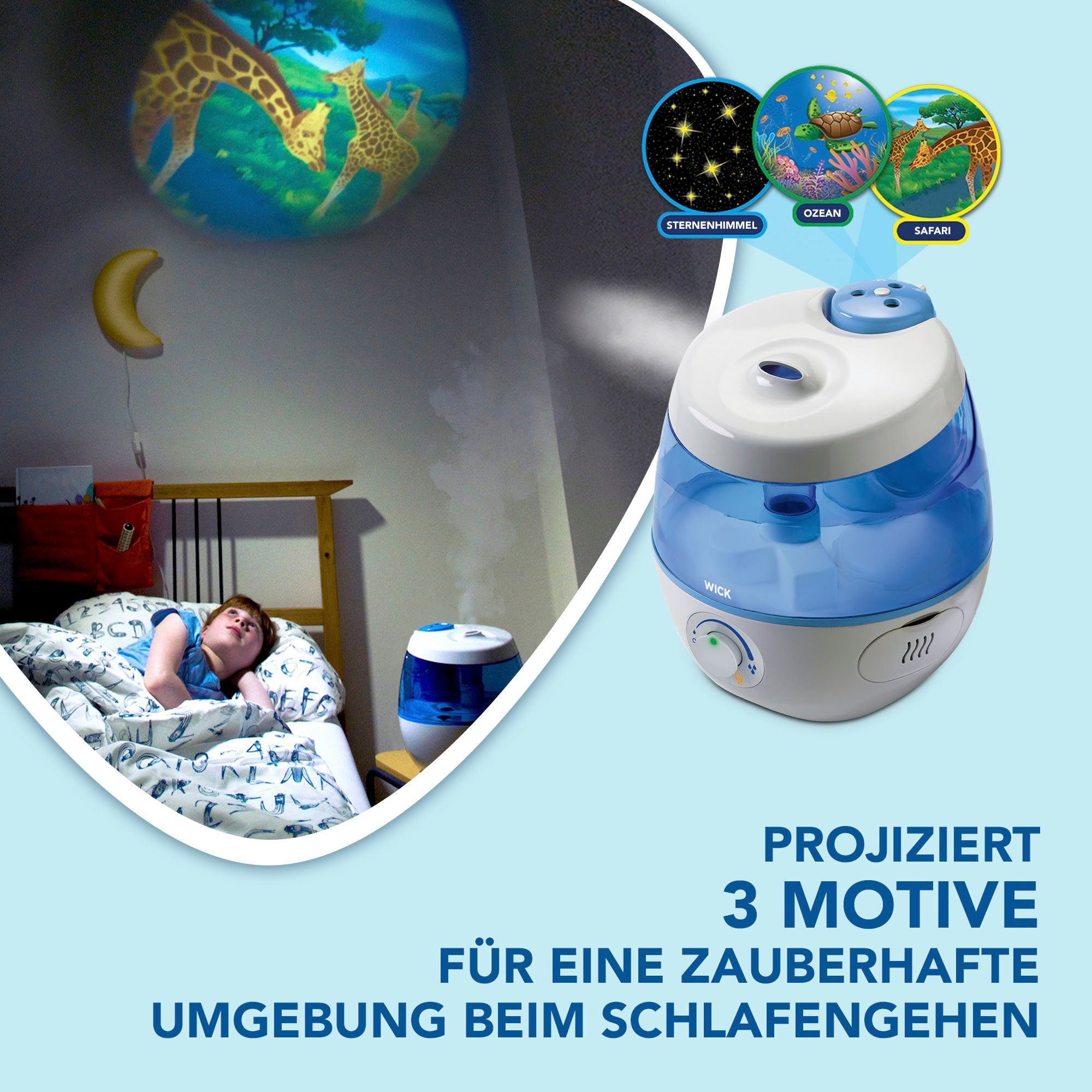 WICK Luftbefeuchter SweetDreams Kaltluft-Luftbefeuchter mit Lichtprojektion - WUL575, 3,8 l Wassertank, Projiziert 3 Motive: Safari, Ozean und Sternenhimmel