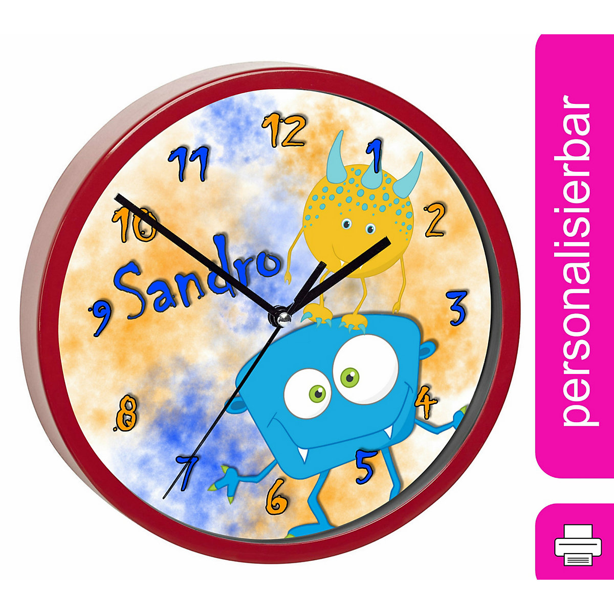 Kinder Wanduhr laufruhig personalisiert mit Name Monster