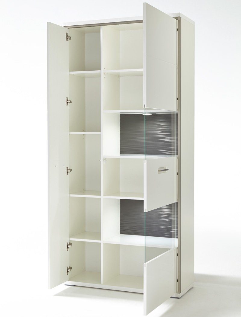 expendio Wohnzimmer-Set Travis 144, (Spar-Set, 7-St), weiß Hochglanz montiert LED + Softclose + 4x Stuhl Kunstleder schwarz