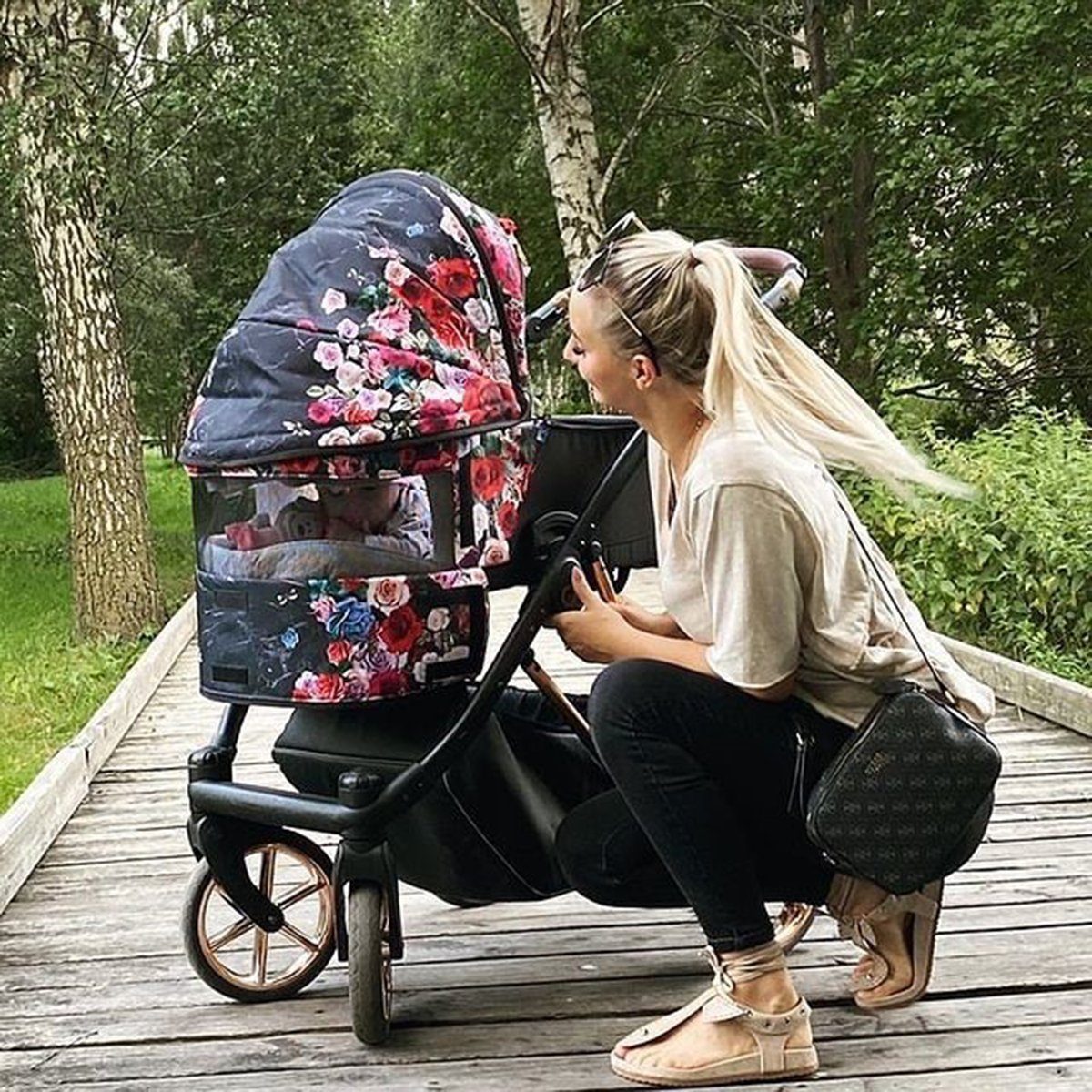TPFLiving Kombi-Kinderwagen 3 in 1 Musse Dark Rose, Baby Buggy Babywanne Autositz Windeltasche, Moskitonetz Regenschutz Kinderwagen Komplettset Gestell Gold