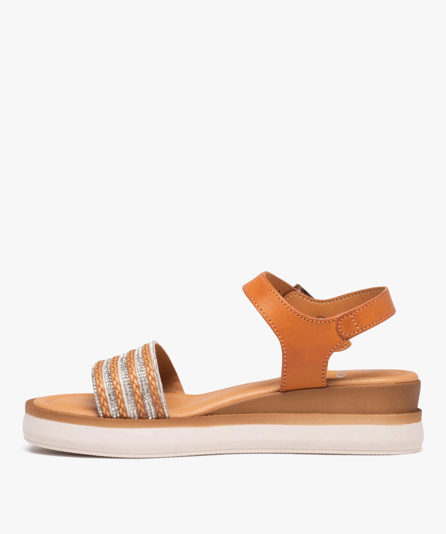 Sandales femme unies à talon compensé et bride à strass camel | GEMO