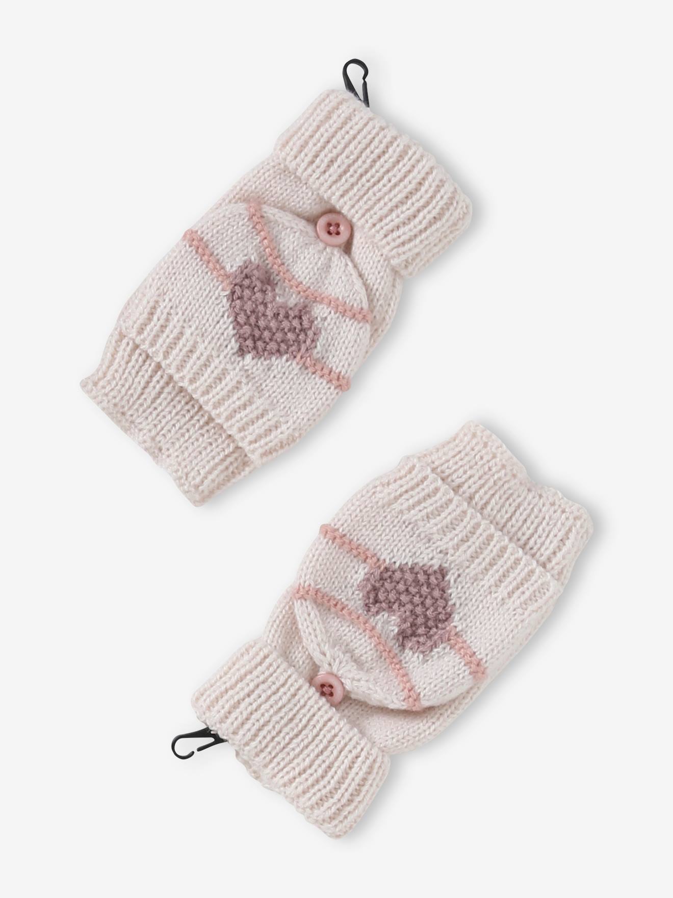 Ensemble bonnet + snood + moufles/mitaines rayures/coeur fille écru