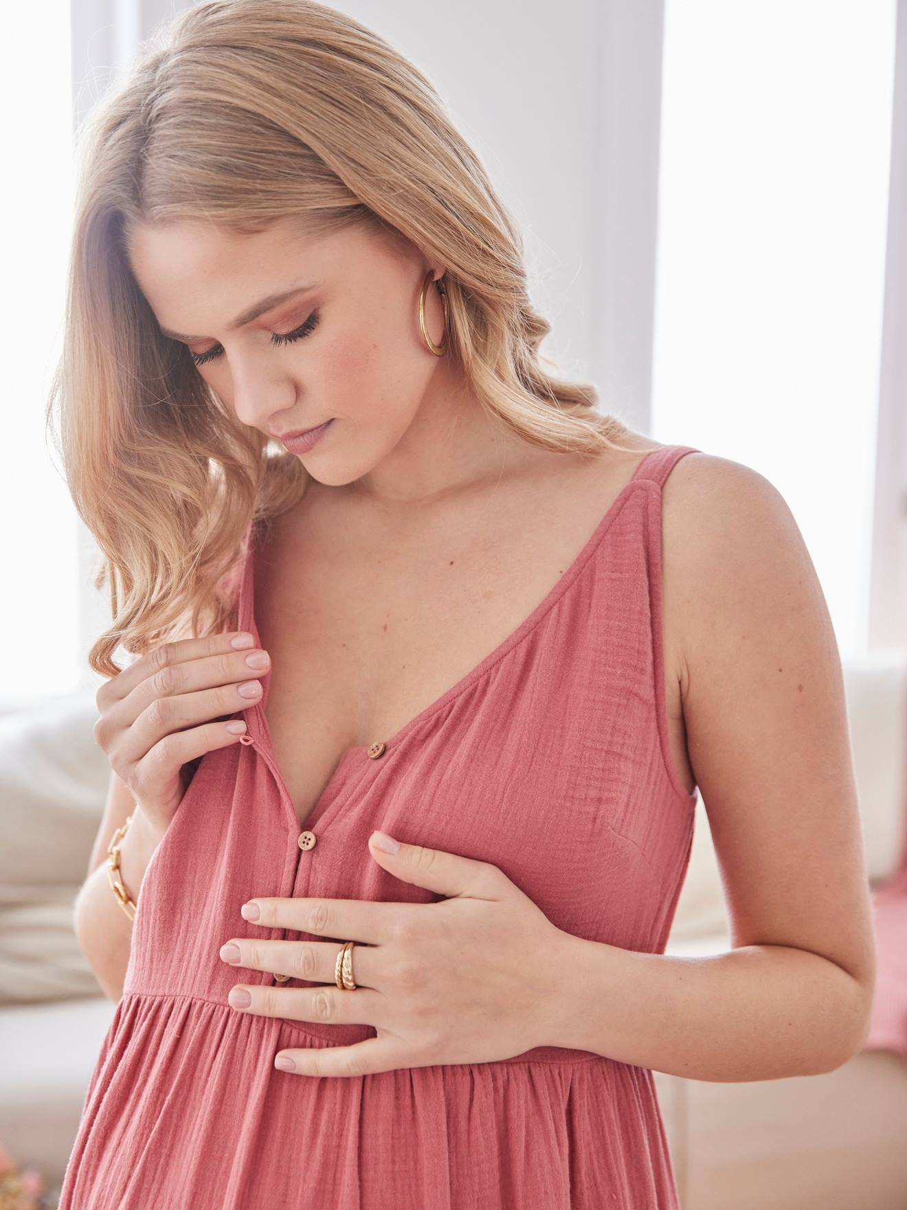 Robe fines bretelles gaze de coton grossesse et allaitement vieux rose