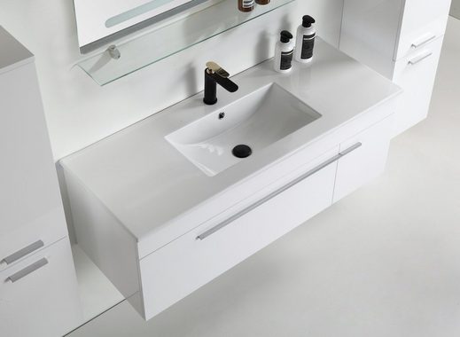 Faizee Möbel Badmöbel-Set Badmöbel set, Weiß komplett 5TLG 90 cm, (Komplett-Set, 5-St), LED-Spiegel mit Touch Badmöbel-Set VORMONTIERT Hochglanz lackiert