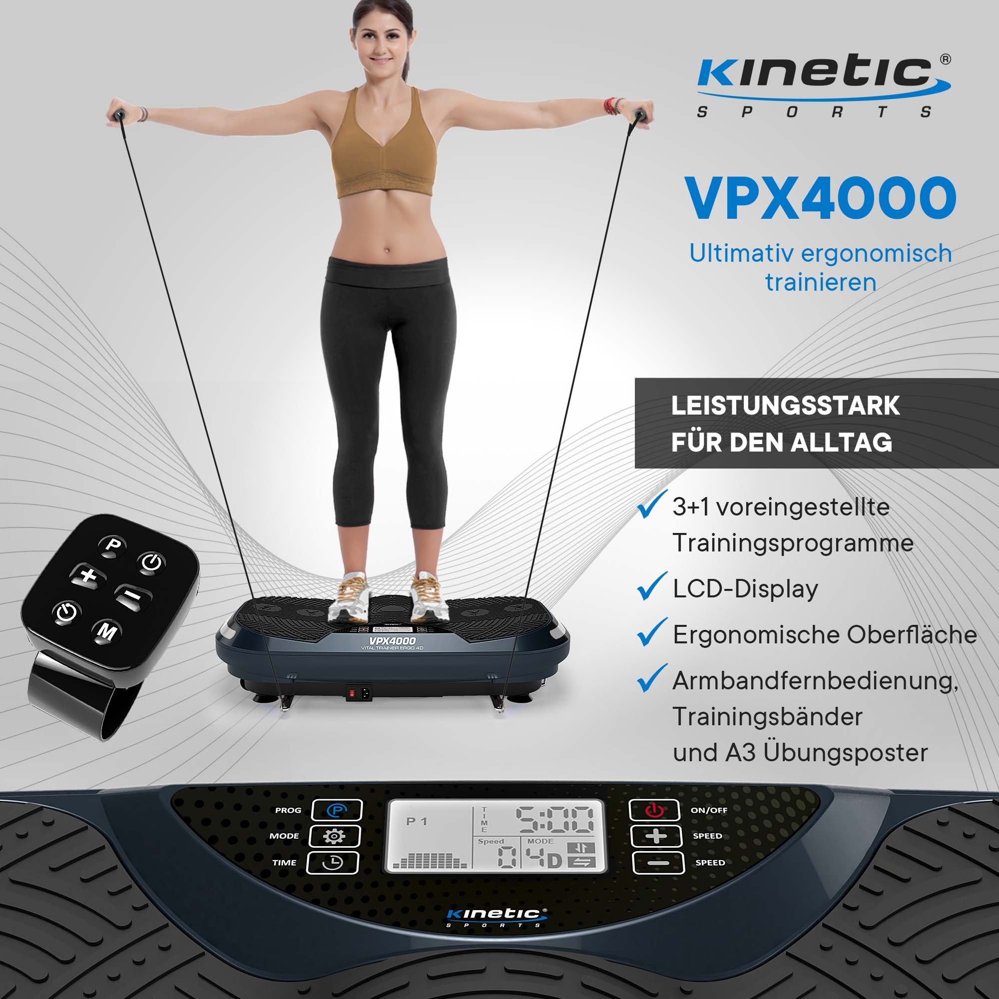 Kinetic Sports Vibrationsplatte VPX4000, 1100,00 W, 288 Intensitätsstufen, (Vibrationsplatte 3 Motoren mit Trainingsbänder und Übungsposter), mit 288 Intensitätsstufen, 3D Vibrationstyp, Leistung 1100 Watt