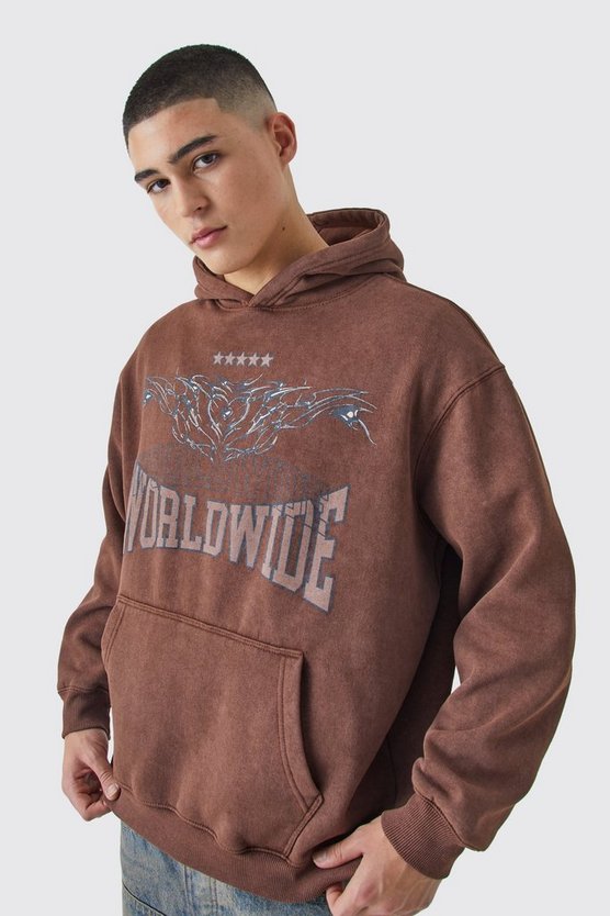 Oversize Worldwide Hoodie mit Acid-Waschung