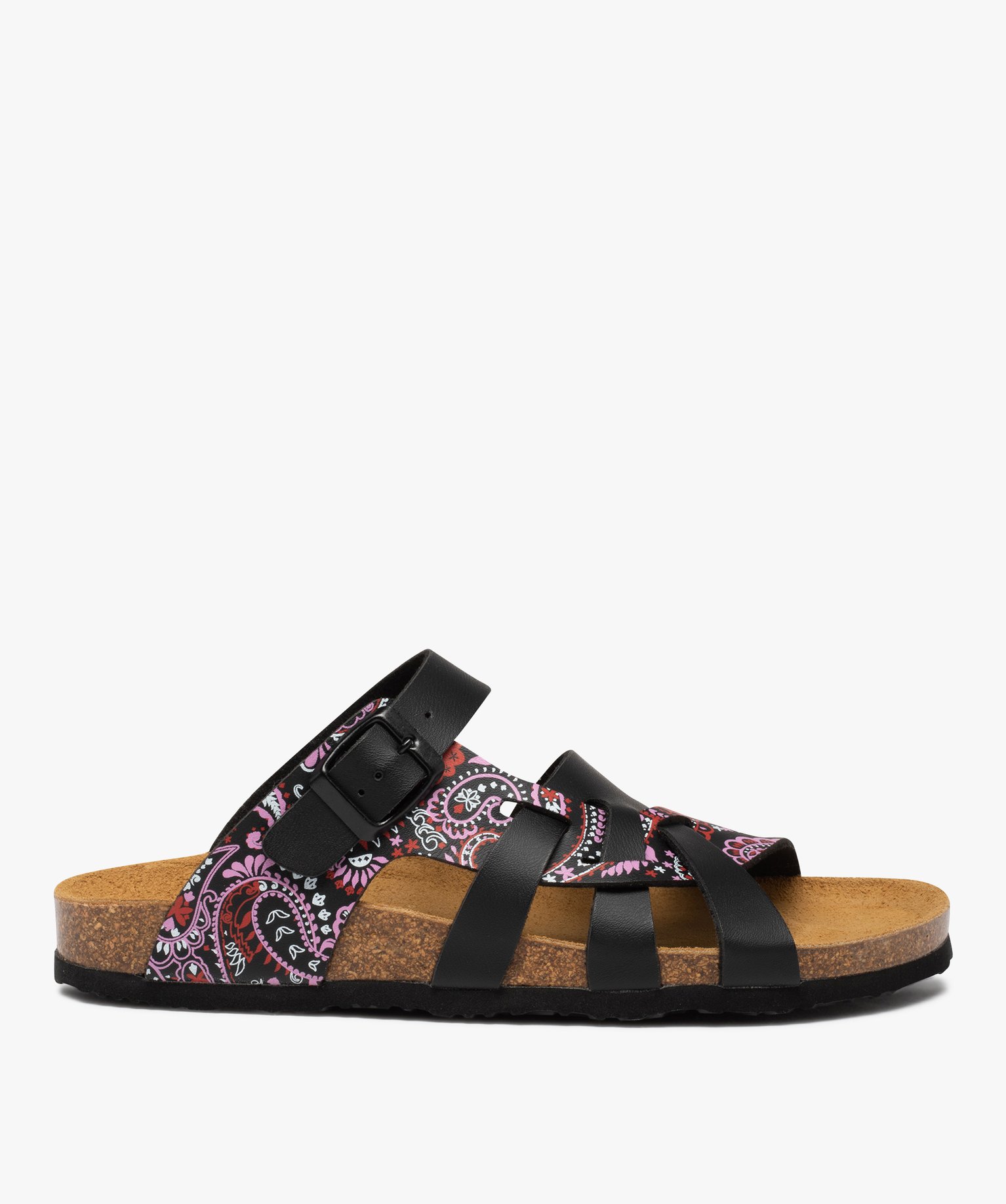 Mules femme plates à brides imprimées et semelle liège noir | GEMO