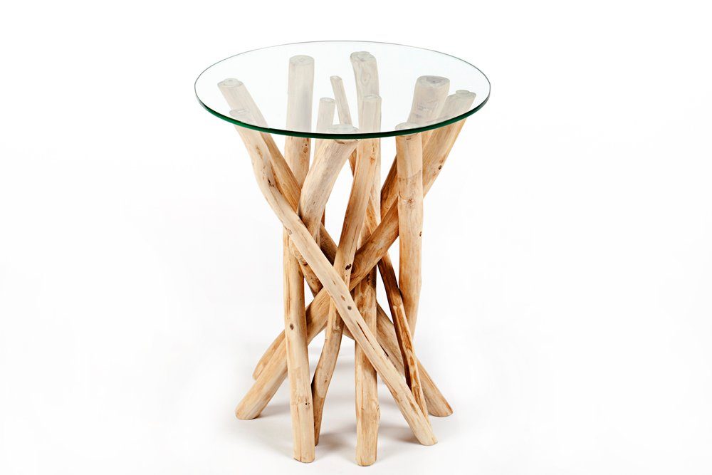 riess-ambiente Beistelltisch DRIFTWOOD 35cm natur / transparent, Massivholz · mit Glasplatte · rund · Handarbeit · Teakholz