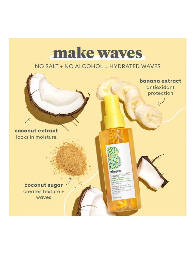 Briogeo Mini Spray hidratant texturant fără sare Briogeo Superfoods™ cu banană și nucă de cocos pentru onduleuri moi - Format de călătorie