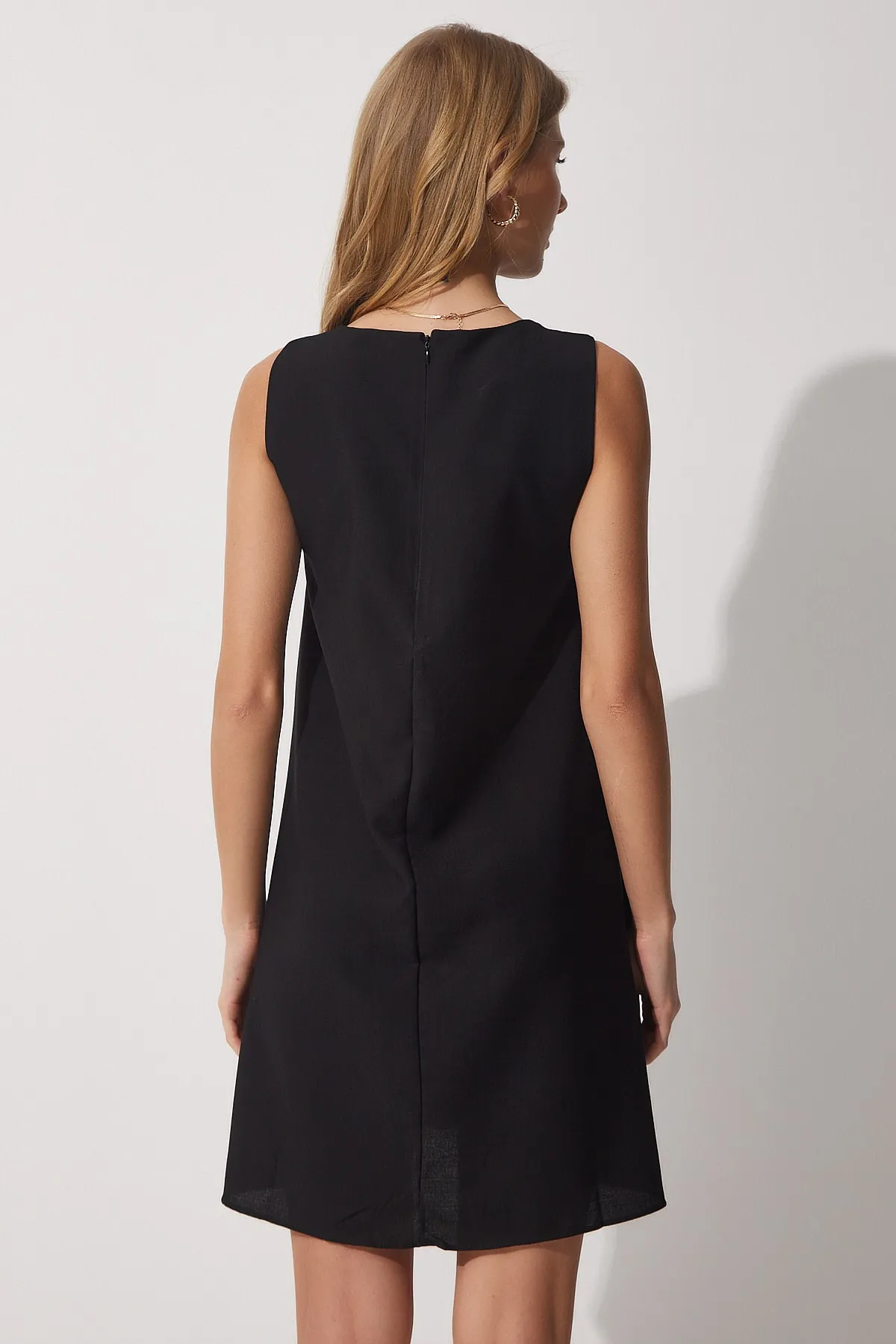 Happiness İstanbul  Schwarzes gewebtes A-Linien-Sommerkleid für Damen BF00067