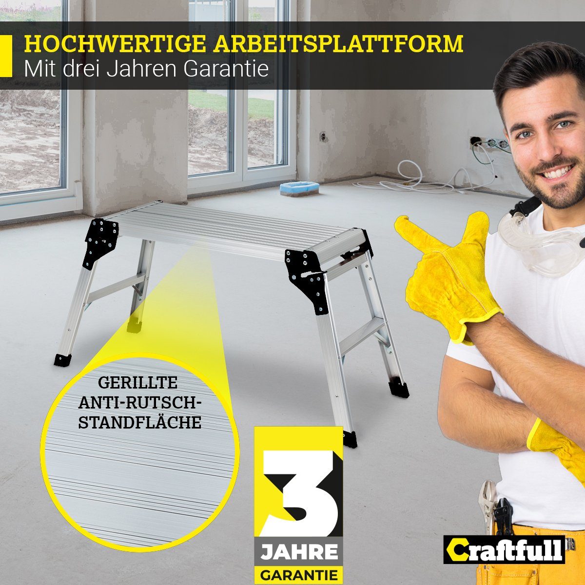 Craftfull Arbeitsplattform Arbeitspodest CF-107A klappbar - 3 J. Garantie - Aluminium (74 x 30 cm - 150 kg Traglast - Trittbank zum Einklappen - mini Arbeitsplattform - Werkbank - Heimwerken, 1-St., Anti-Rutsch, Sicherheitsbügel, klappbare Standfüße)