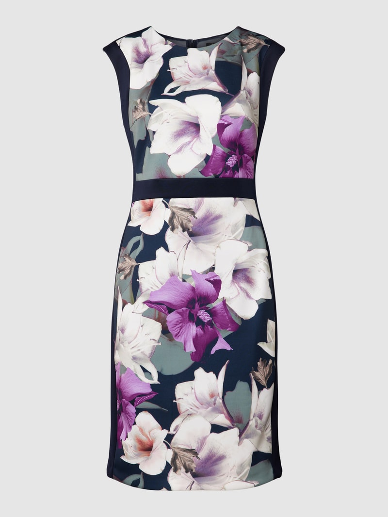 Knielanges Cocktailkleid mit floralem Print in marineblau