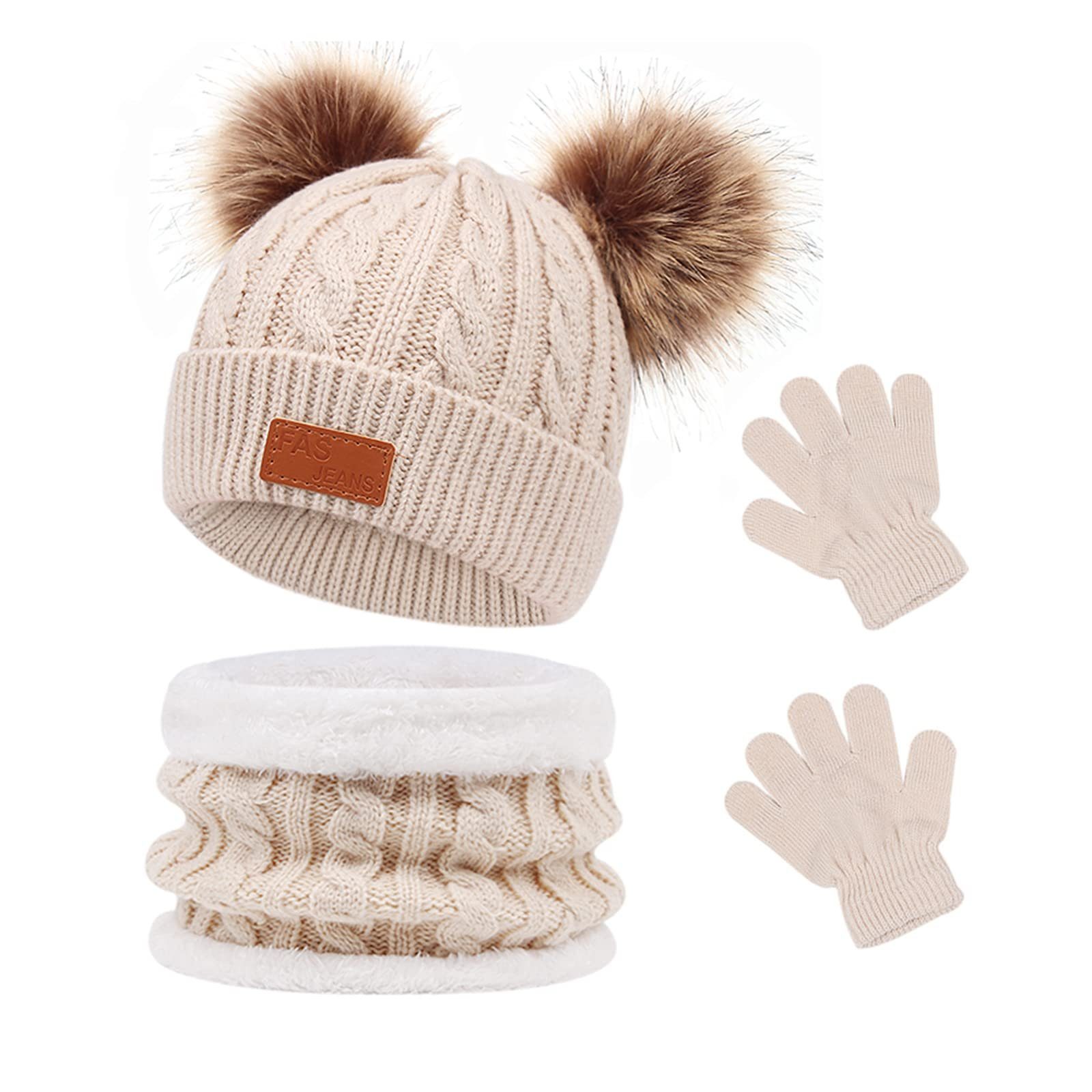 POCHUMIDUU Strickmütze Kinder-Wintermütze-Schal-Handschuh-Set (1-St., mit Fleece Futter und Fell Bobbl) für Kinder-Jungen-Mädchen 1-5 Jahre