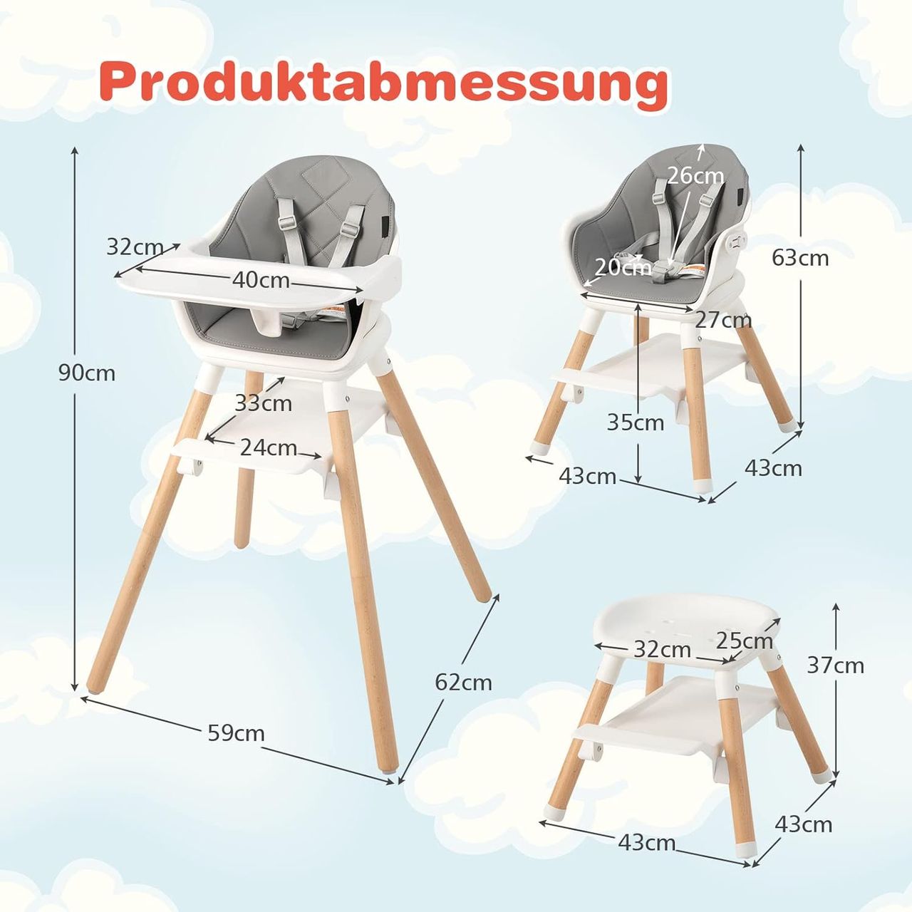Costway 6 in 1 Babyhochstuhl aus PP & Buchenholz